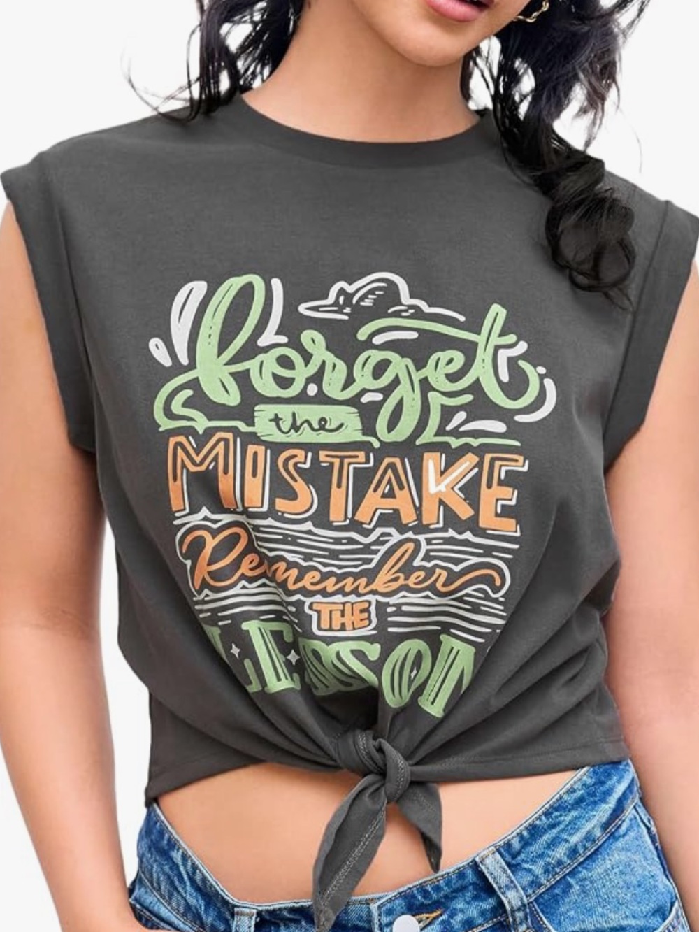 Cider Charcoal Graphic Crop Muscle Tee with Pastel Accents